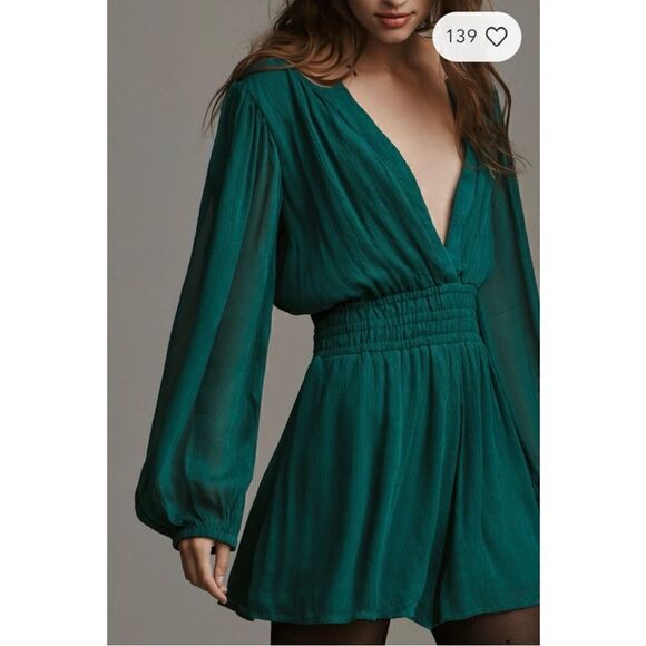 NEW Anthropologie Long-Sleeve Green Deep V-Neck Ruched Somerset Romper X-Small - Picture 4 of 4